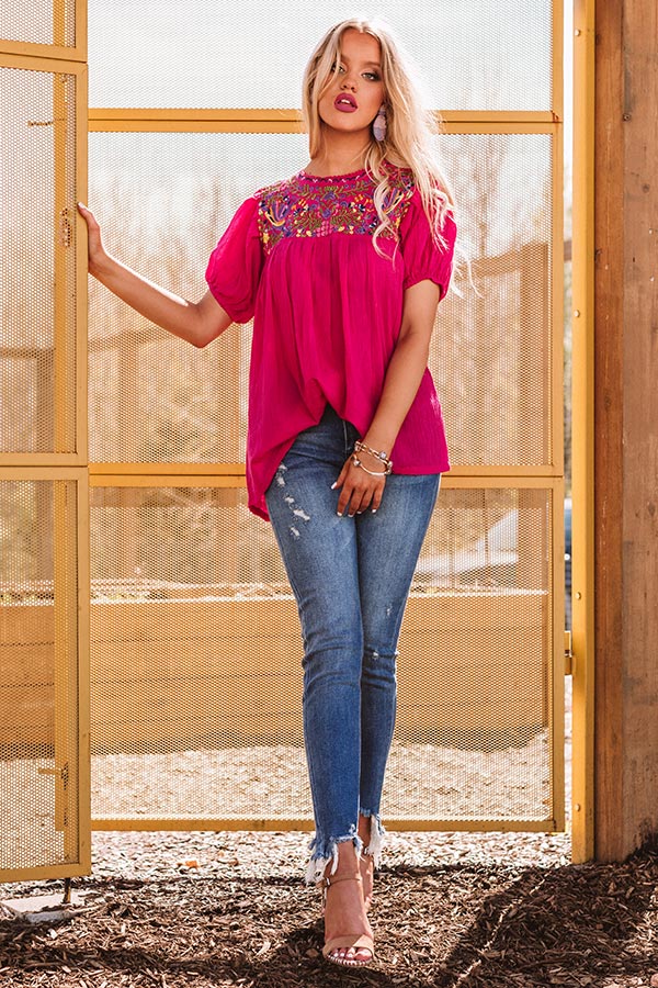 Barefoot In Barcelona Embroidered Top In Fuchsia Image - 2