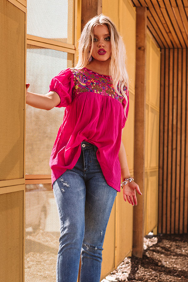Barefoot In Barcelona Embroidered Top In Fuchsia Image - 4