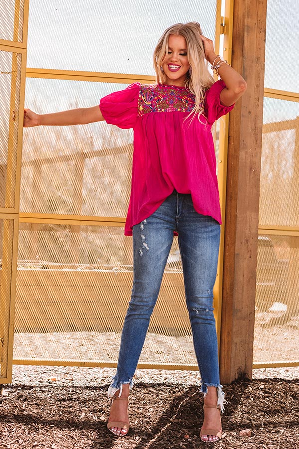 Barefoot In Barcelona Embroidered Top In Fuchsia Image - 5