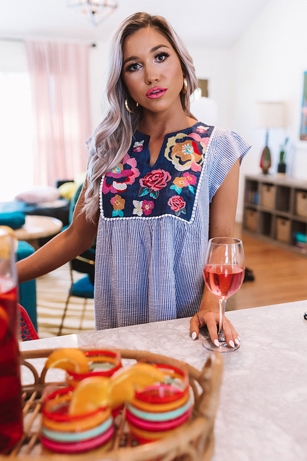 Wild Flower Embroidered Shift Top In Blue Image - 4