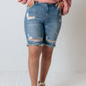 The Pomelo Midrise Distressed Shorts in Medium Wash Curves Image - 1