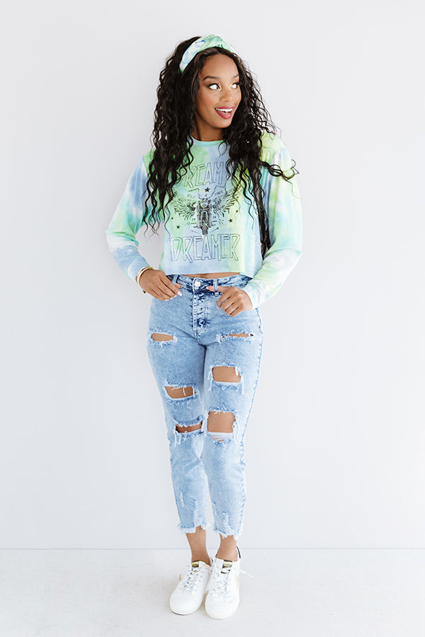 Dream On Dreamer Tie Dye Crop Sweatshirt In Blue Image - 2
