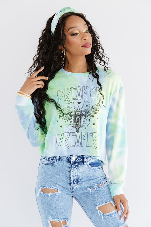 Dream On Dreamer Tie Dye Crop Sweatshirt In Blue Image - 4