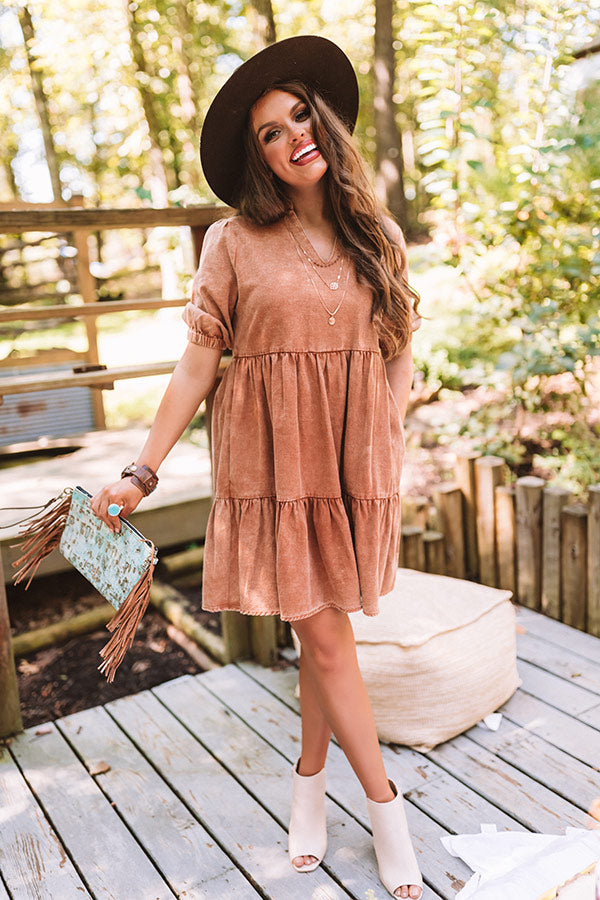 Taking The Scenic Route Babydoll Dress In Camel Image - 5
