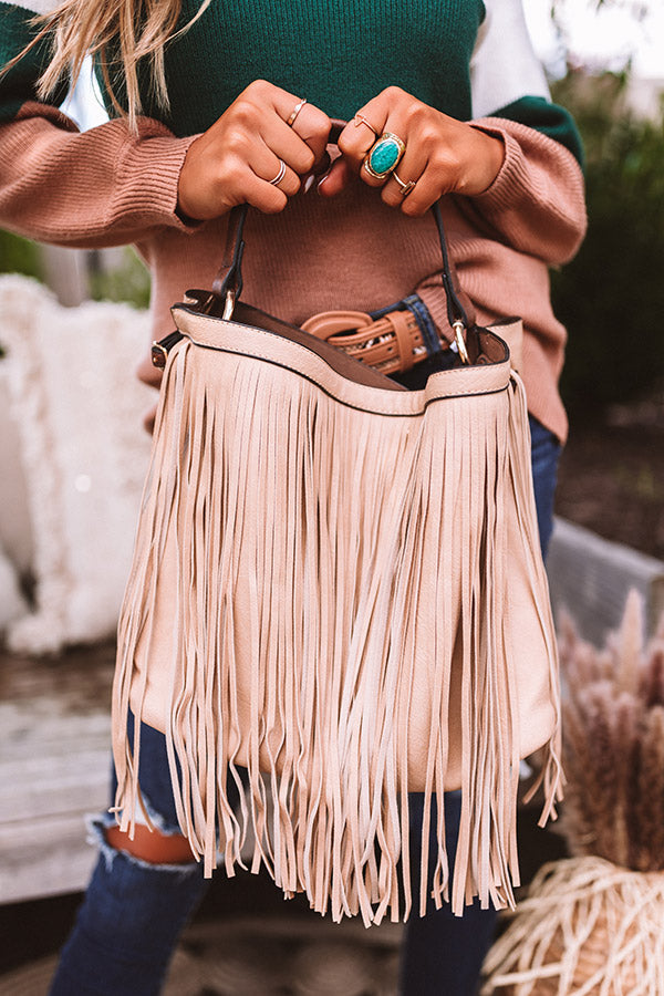 The Time Is Now Faux Leather Fringe Tote In Iced Latte