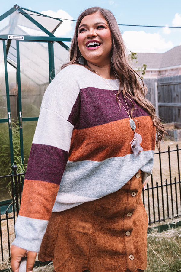 Cozy Sunday Charm Color Block Sweater In Maroon Curves Image - 1