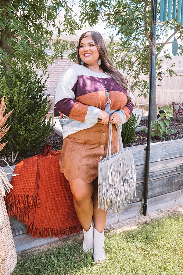 Cozy Sunday Charm Color Block Sweater In Maroon Curves Image - 1