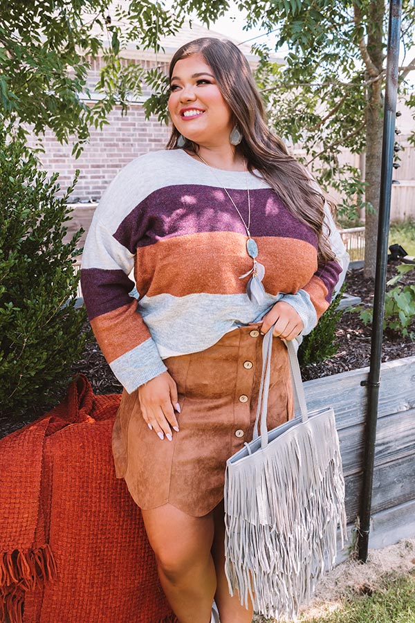Cozy Sunday Charm Color Block Sweater In Maroon Curves Image - 1