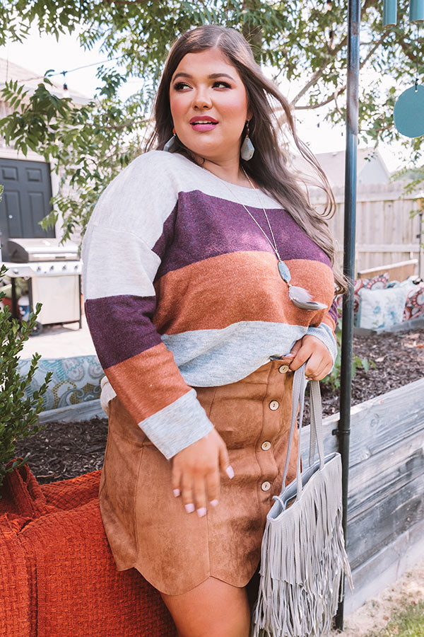 Cozy Sunday Charm Color Block Sweater In Maroon Curves Image - 1