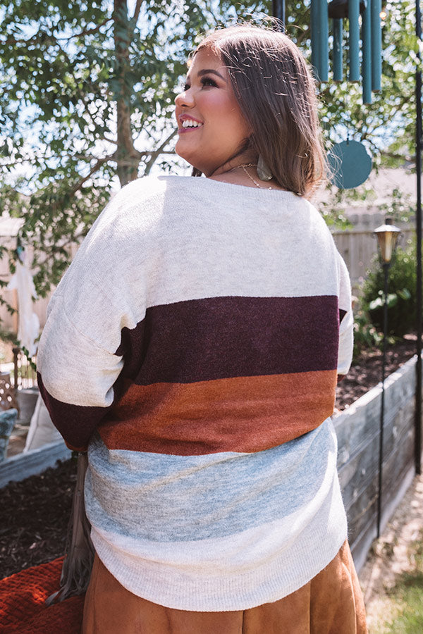 Cozy Sunday Charm Color Block Sweater In Maroon Curves Image - 1
