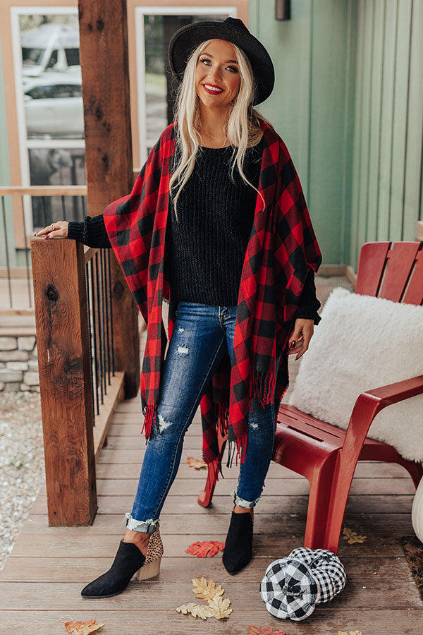 Autumn Rush Buffalo Check Poncho In Red • Impressions Online Boutique
