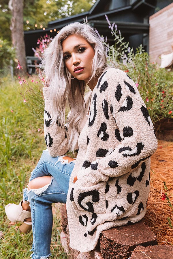 Cozy By The Fireplace Leopard Cardigan In Iced Latte