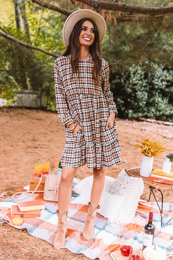 Cinnamon And Spice Plaid Babydoll Dress In Iced Latte