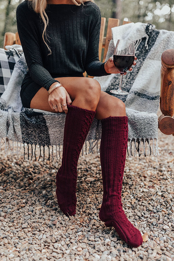 Cozy Vibes Thigh High Cable Knit Socks In Wine