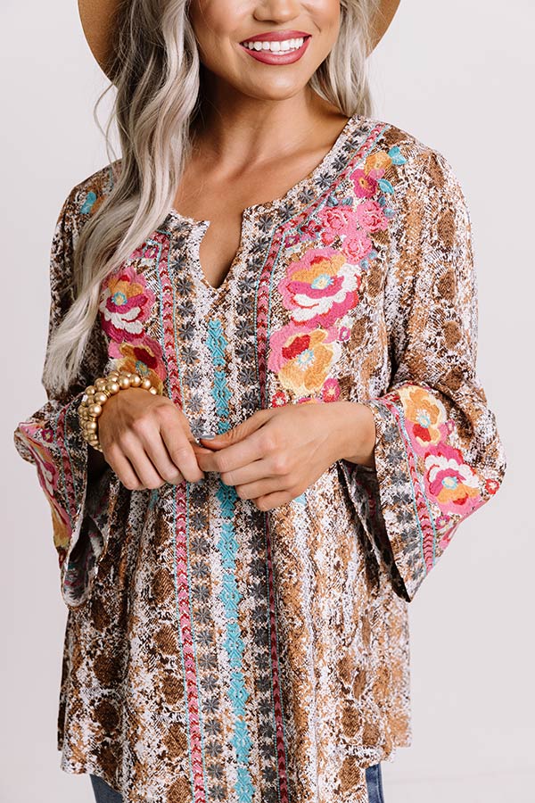 Flaunt It Embroidered Shift Top In Brown Image - 4