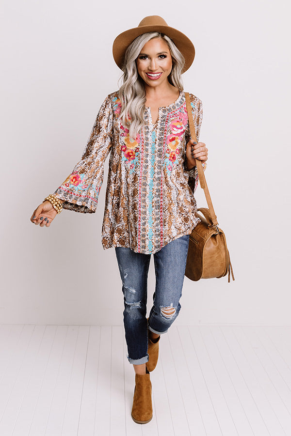 Flaunt It Embroidered Shift Top In Brown Image - 2