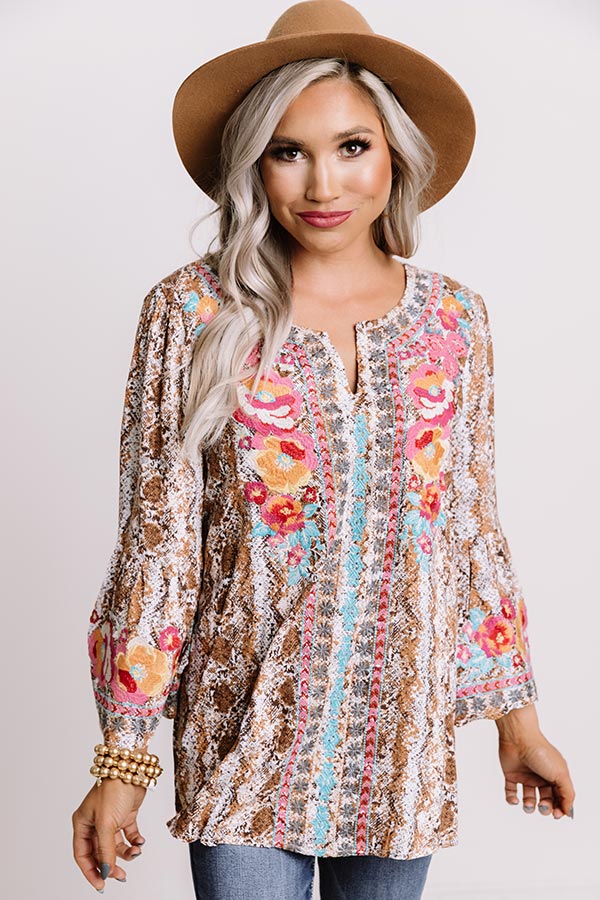 Flaunt It Embroidered Shift Top In Brown Image - 3