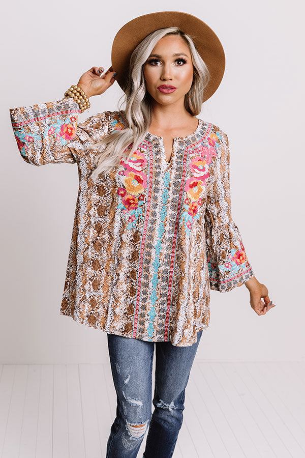 Flaunt It Embroidered Shift Top In Brown Image - 1