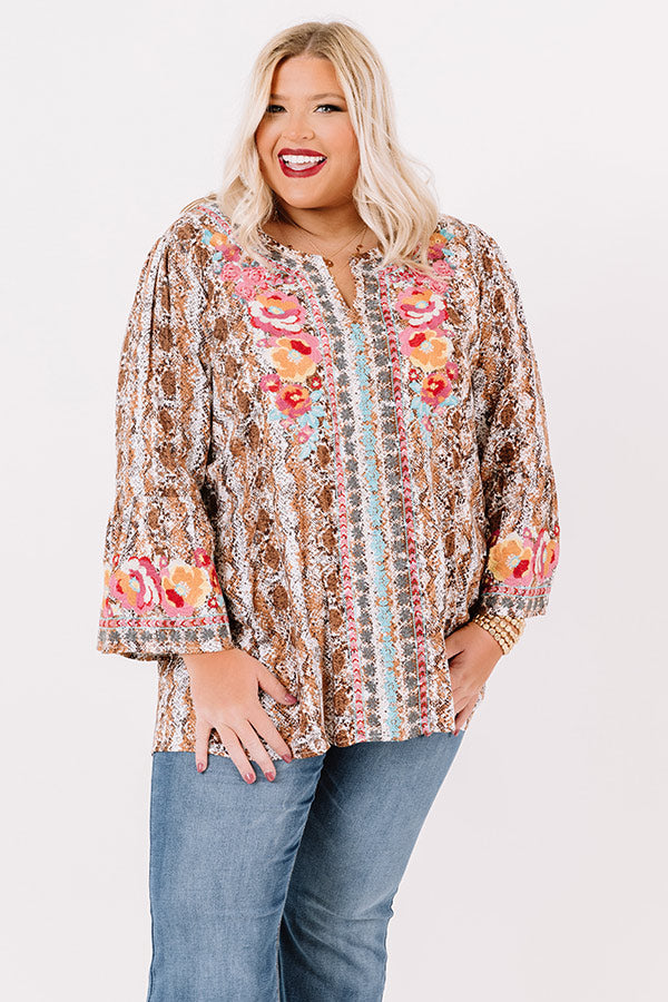 Flaunt It Embroidered Shift Top In Brown Curves Image - 2