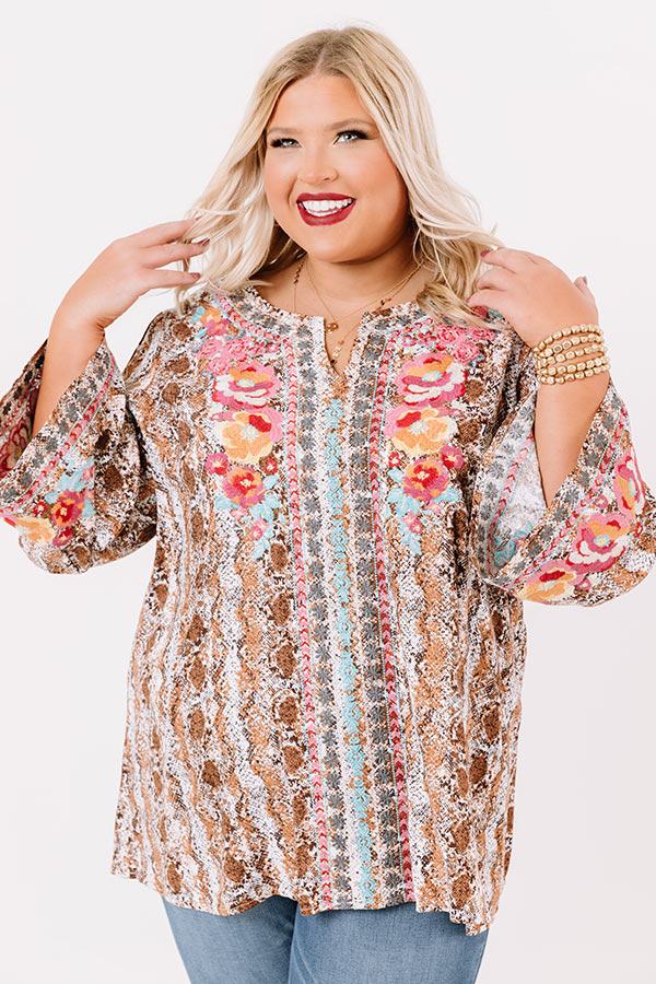 Flaunt It Embroidered Shift Top In Brown Curves Image - 1