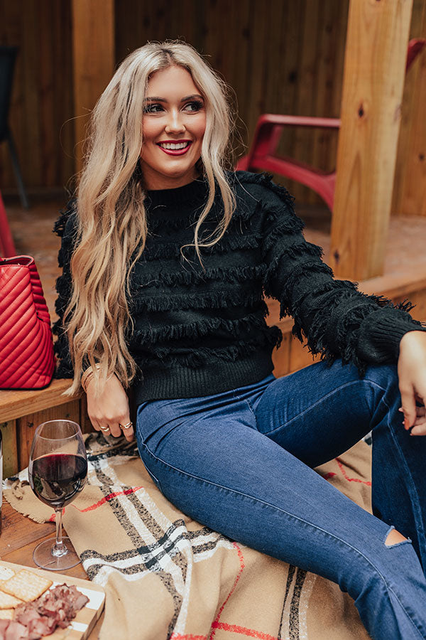 Cozy With Coffee Fringe Sweater In Black