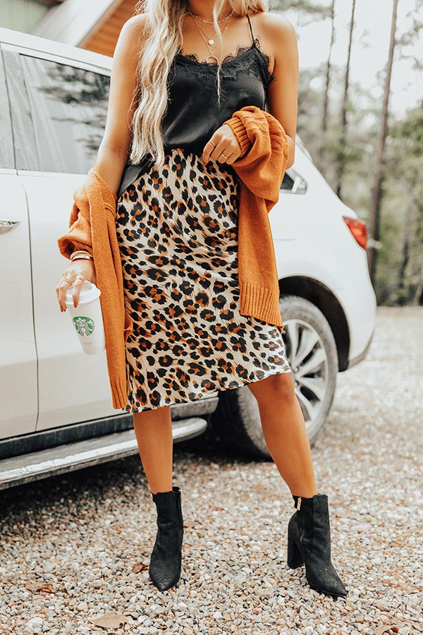 Coffee Until Cocktails Satin Midi in Leopard Champagne Image - 1