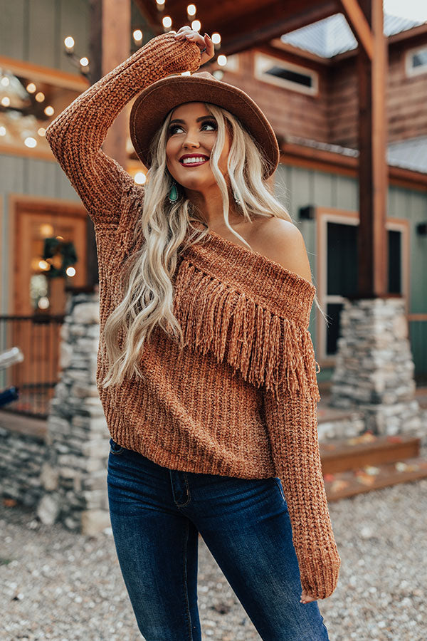 Lost In Cuddles Chenille Fringe Sweater In Camel