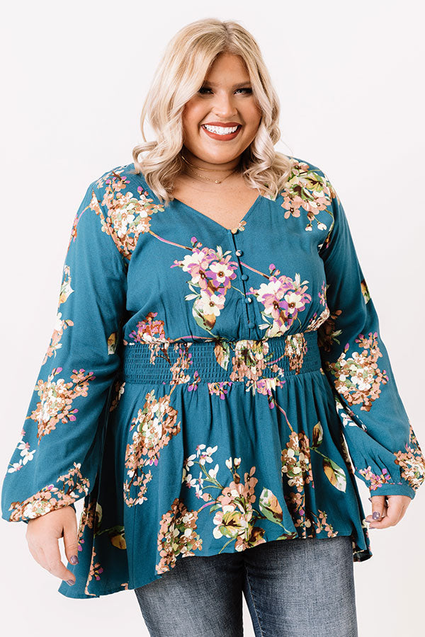 Happy Life Floral Top In Teal Curves Image - 2