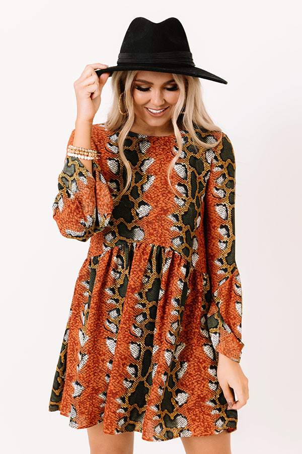 Best In Show Snake Print Babydoll Dress In Rust Image - 4