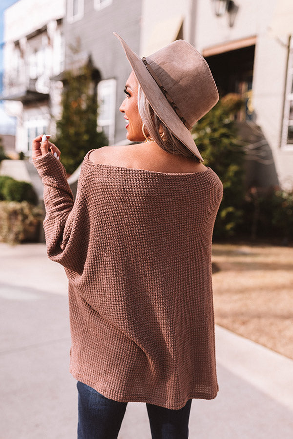 Mocha Waffle Knit Sweatshirt With Floral Lace Panels