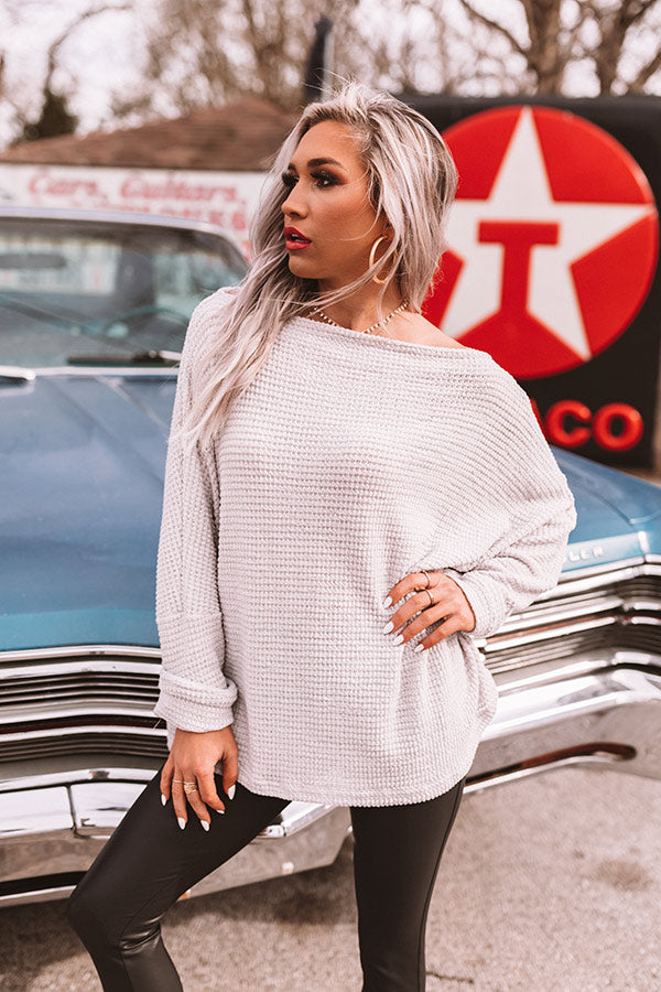 Easily Enchanted Waffle Knit Top In Grey