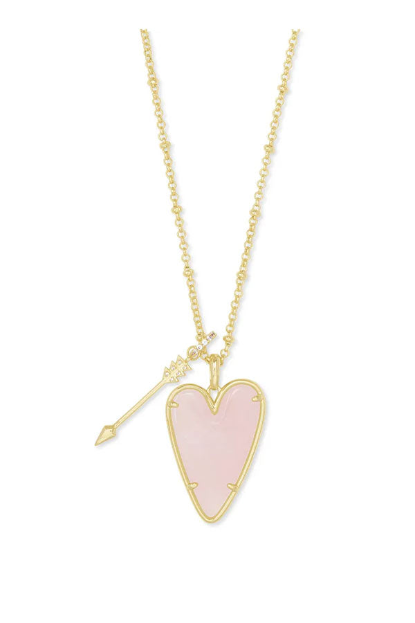 Ansley Heart Gold Long Pendant Necklace in Rose Quartz • Impressions