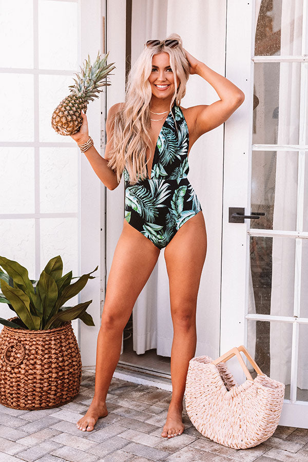 Tropical Destination Ribbed One Piece Swimsuit in Black