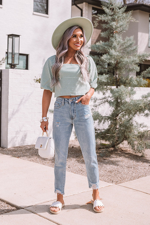 Remarkable Style Gingham Crop Top In Pear Image - 4