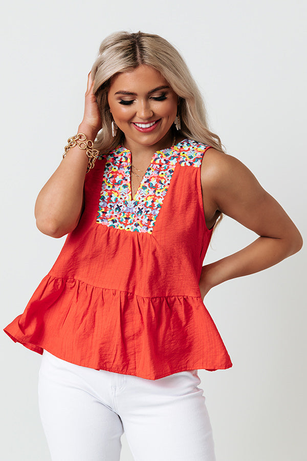 Tahitian Gardens Embroidered Top In Scarlet
