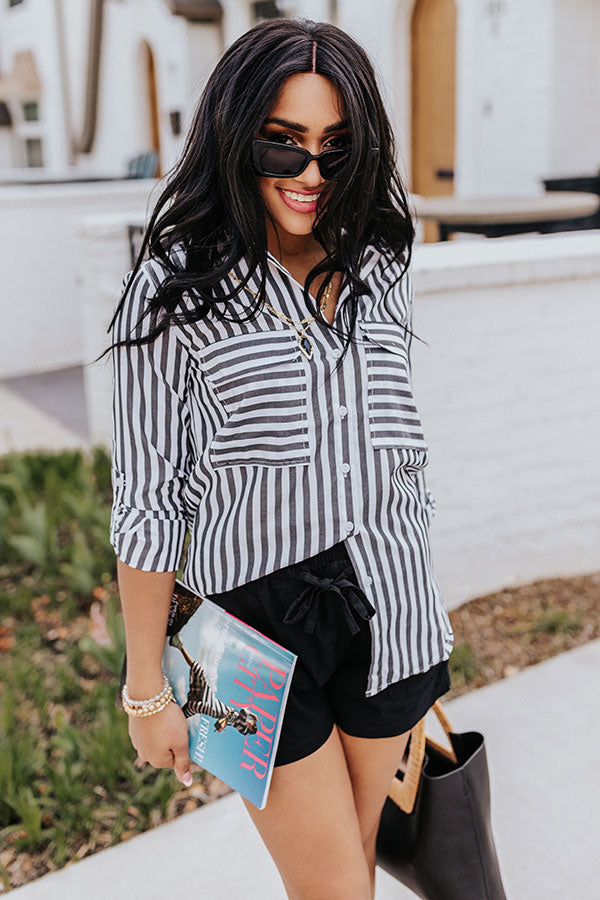 Excellent Point Stripe Button Up Top In Black