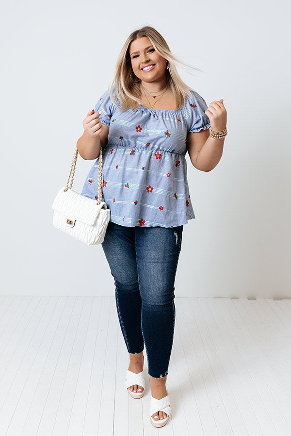 Spark Joy Embroidered Top In Sky Blue Curves