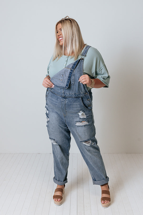 The Caspin Distressed Overalls In Medium Wash Curves Image - 3