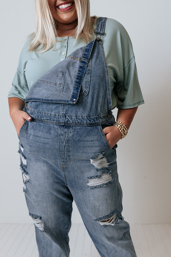 The Caspin Distressed Overalls In Medium Wash Curves Image - 4