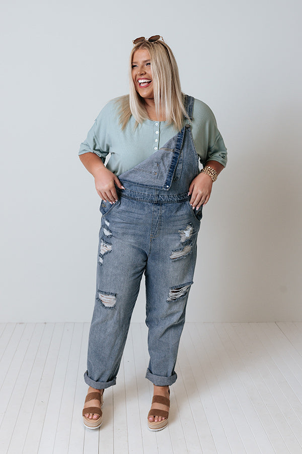 The Caspin Distressed Overalls In Medium Wash Curves Image - 2