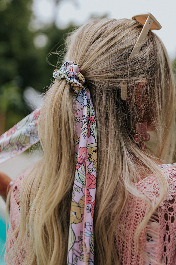 Pearl Studded Floral Hair Scrunchie Scarf - Mocha Brown