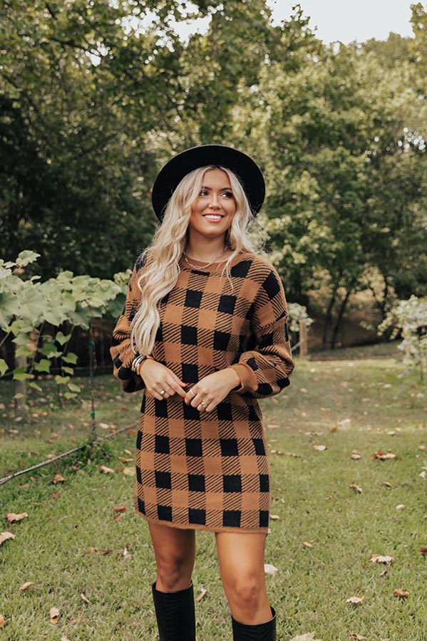 Fall Transition Plaid Sweater Dress In Camel Image - 3