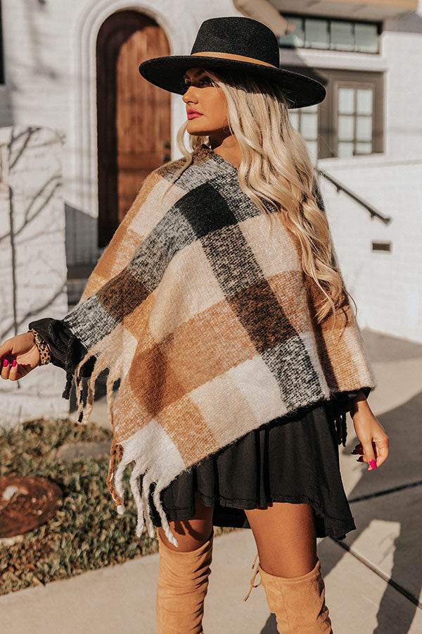 Cozy Debut Plaid Poncho In Camel
