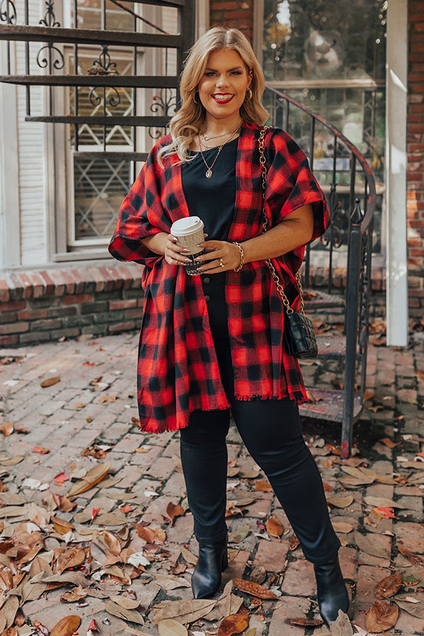 Morning Harvest Plaid Poncho In Red Curves