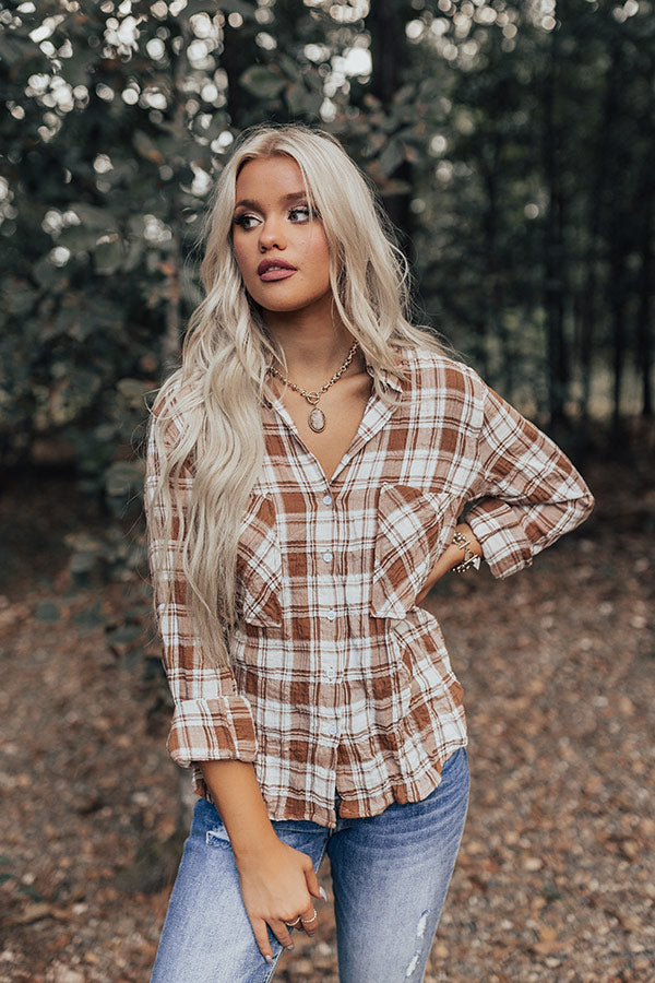 Stay A Little While Plaid Button Up In Camel