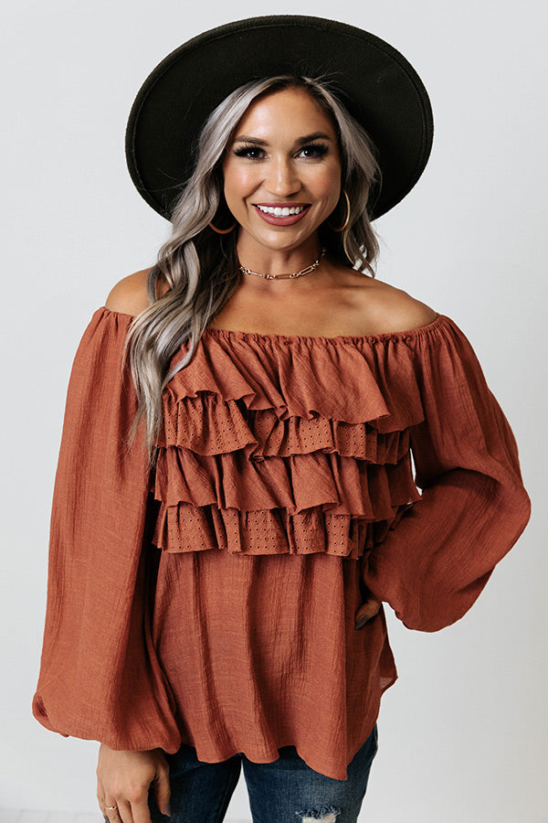 Western Skies Ruffle Top In Rust • Impressions Online Boutique