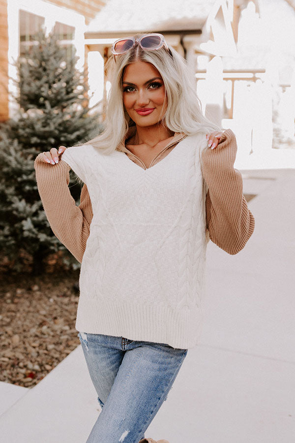 Cue The Calm Cable Knit Sweater Top In Ivory