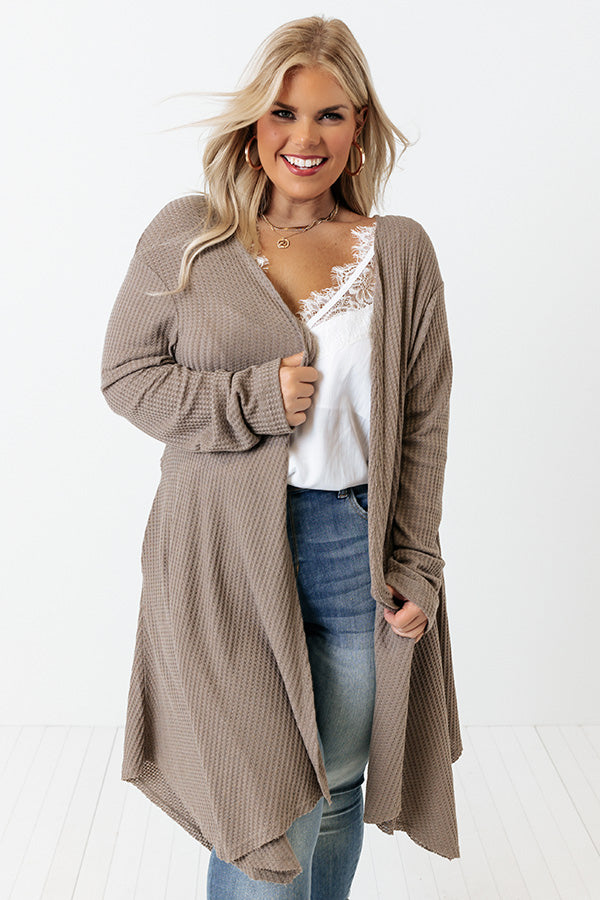 Coolest Feeling Waffle Knit Cardigan In Taupe Curves