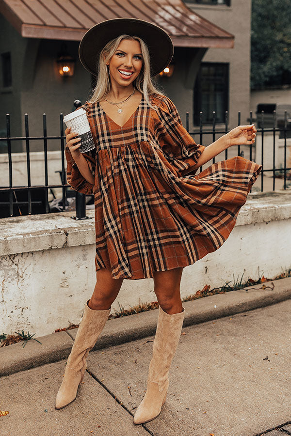 Yearn For More Plaid Babydoll Dress in Camel