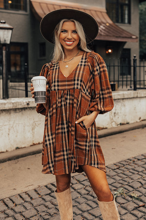 Yearn For More Plaid Babydoll Dress in Camel Image - 2